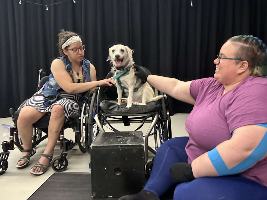 Two wheelchair users in front of a black background. A cream-coloured service dog sits in one of the wheelchairs being pet by both humans. 