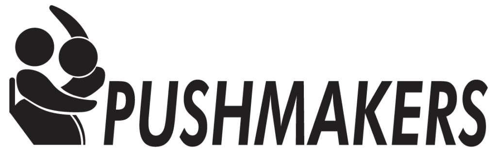 Pushmakers Logo. A wheelchair dancer embraces a second dancer on their lap, followed by the word Pushmakers